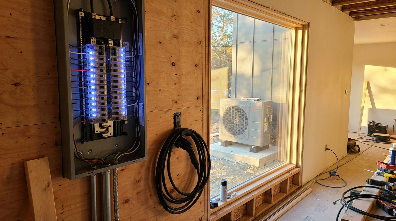 Modern residential electrical panel with smart breakers and EV charger cable