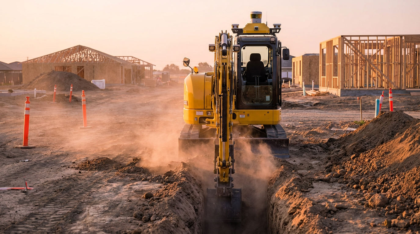 Autonomous excavator with LiDAR sensors working on a residential construction site at dawn