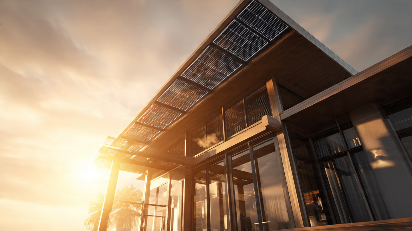 A modern energy-efficient home with rooftop solar panels and a digital valuation overlay, warm afternoon light