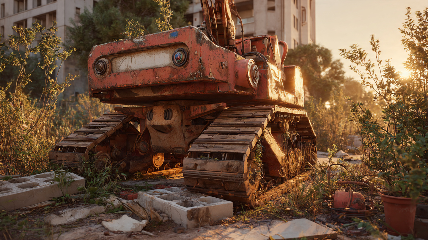Abandoned bricklaying robot on a residential construction site