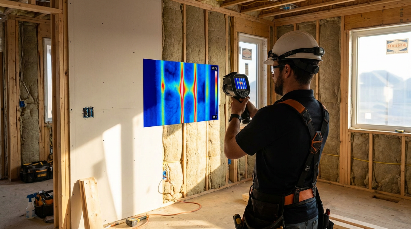 Thermal imaging camera scanning interior wall of residential construction showing heat loss patterns