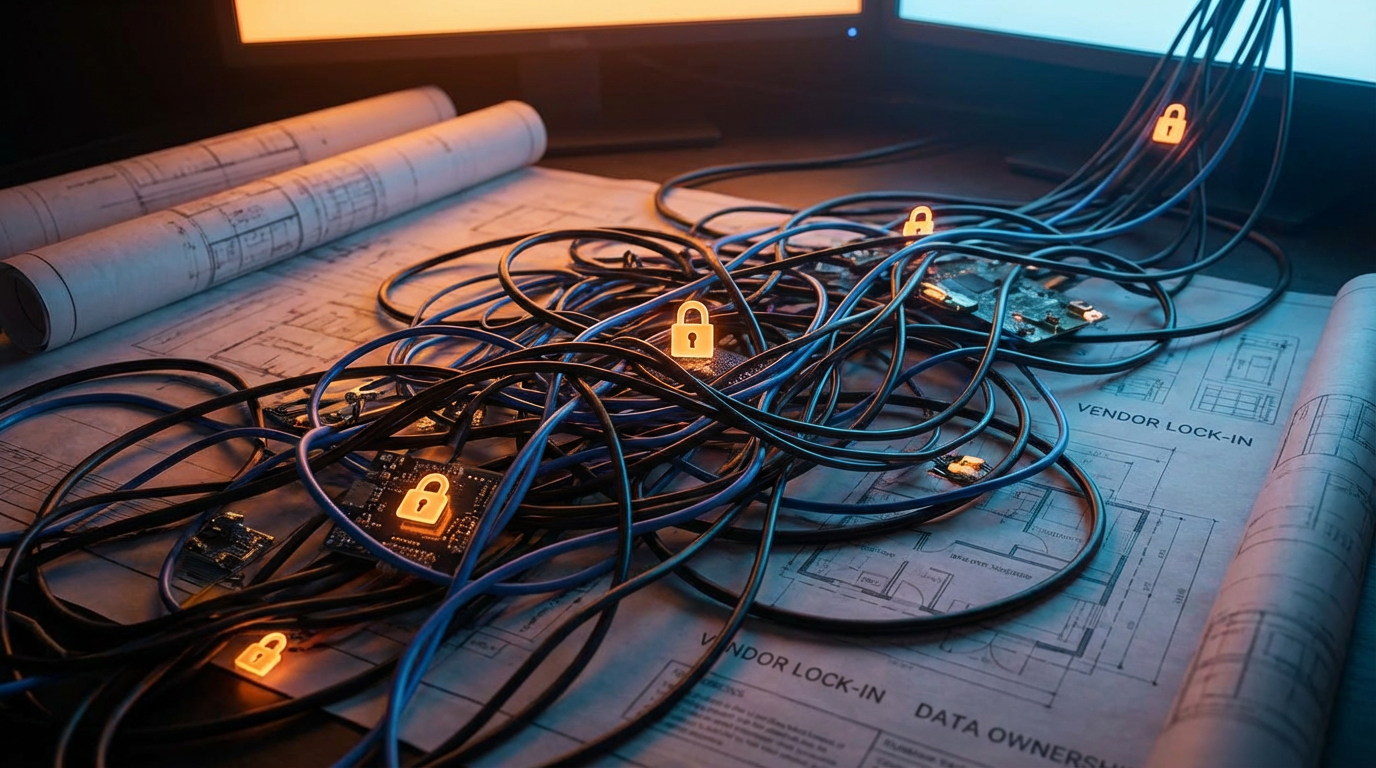 Tangled digital cables over architectural blueprints