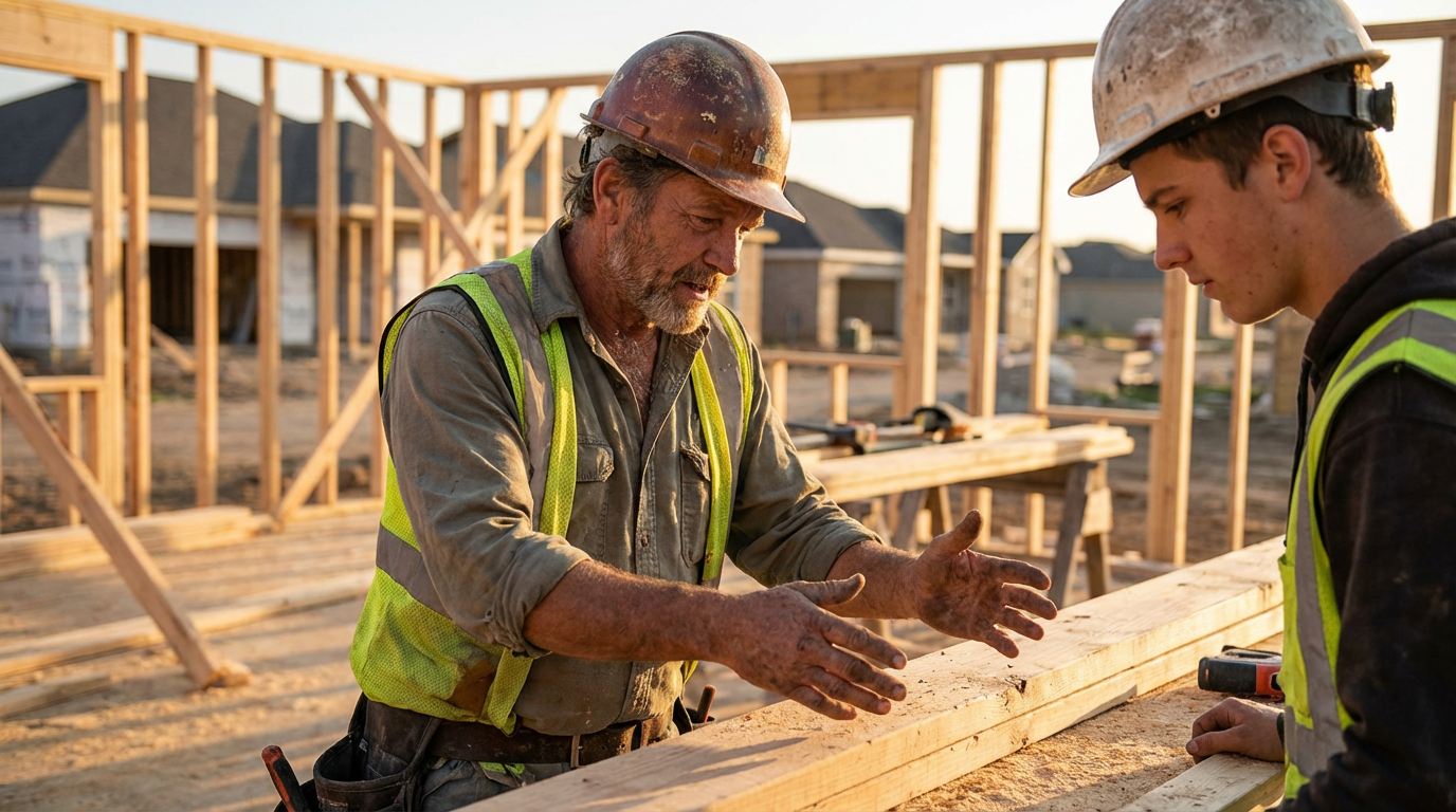 Veteran construction worker teaching apprentice on a framing site