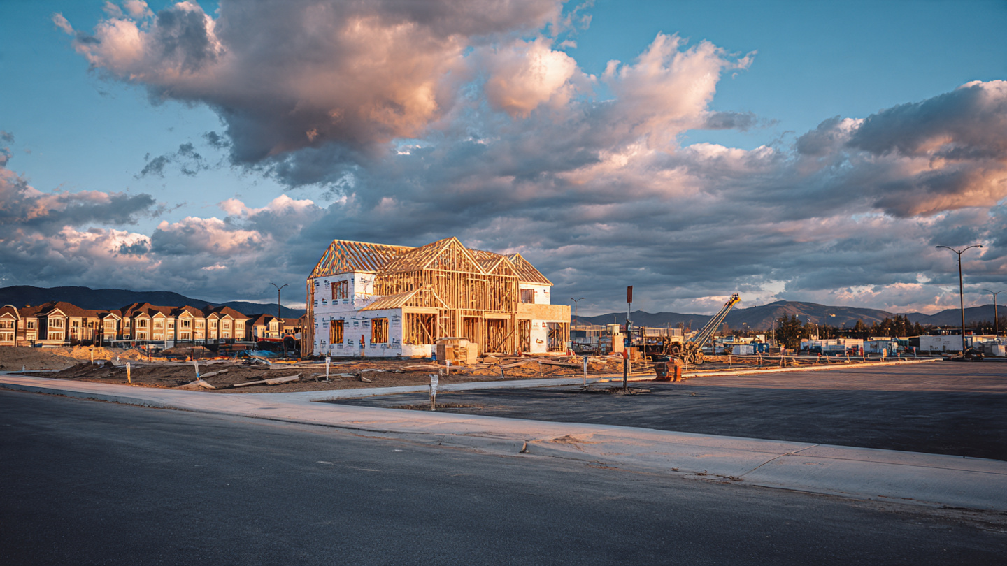 Empty residential construction site with data center on the horizon