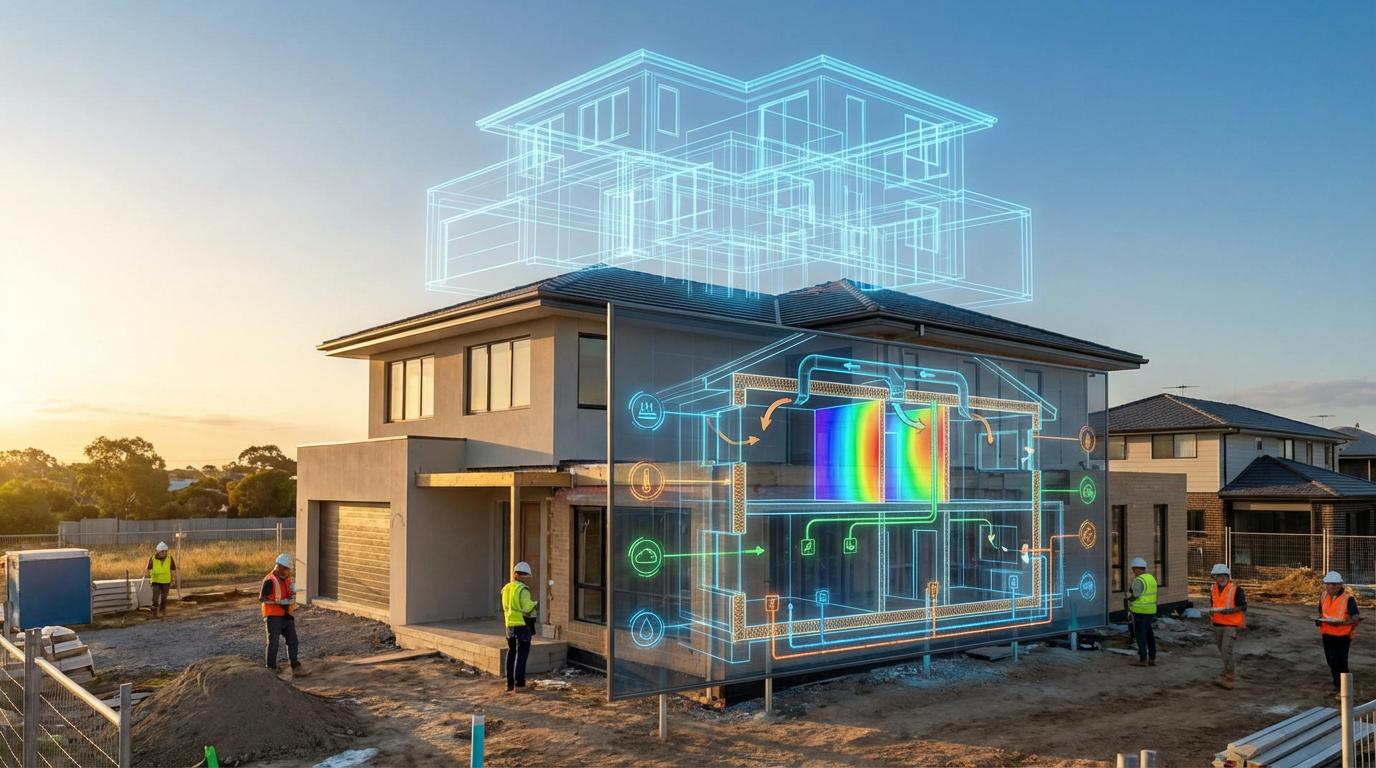Digital twin holographic overlay on a residential home under construction