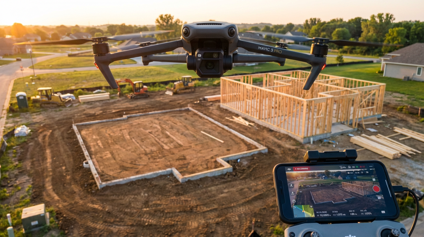Drone hovering over residential construction site at dawn