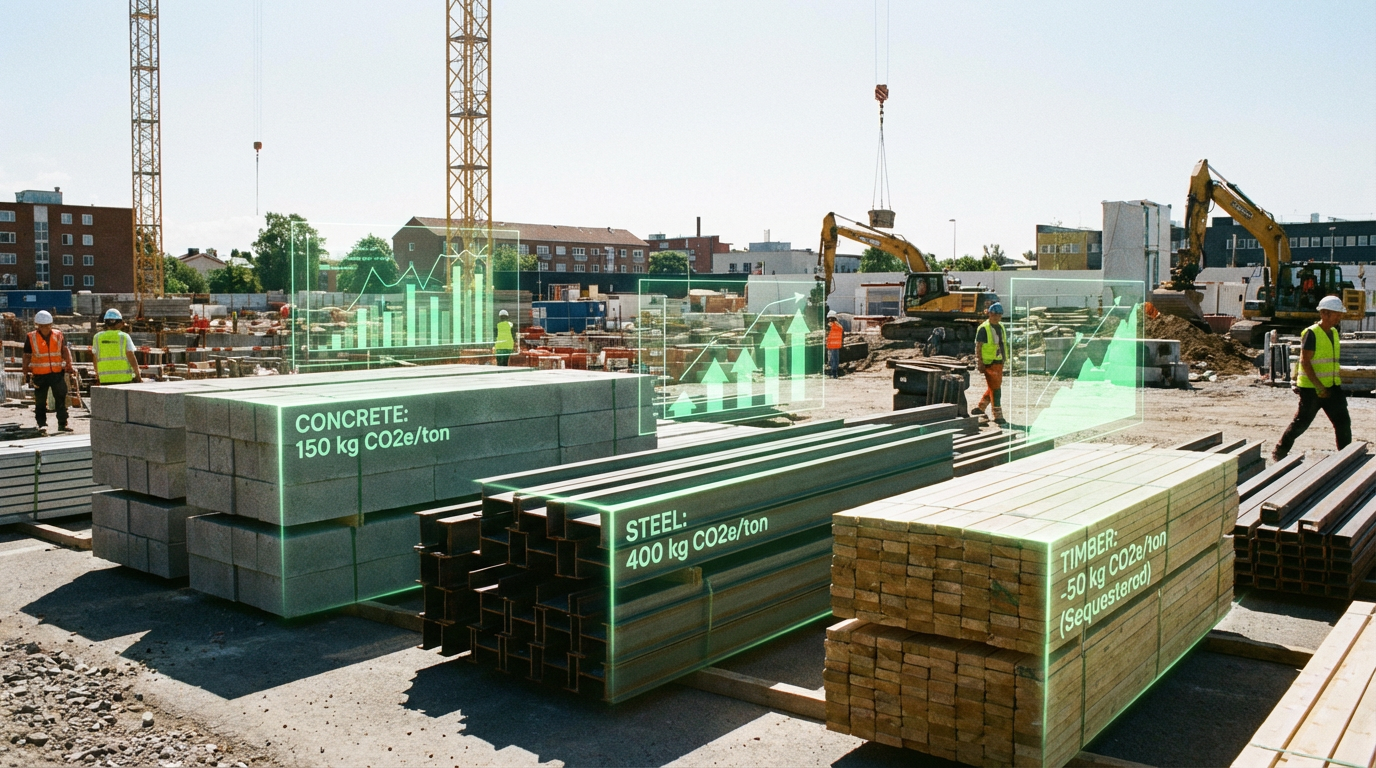 Construction site with building materials showing carbon footprint data overlays