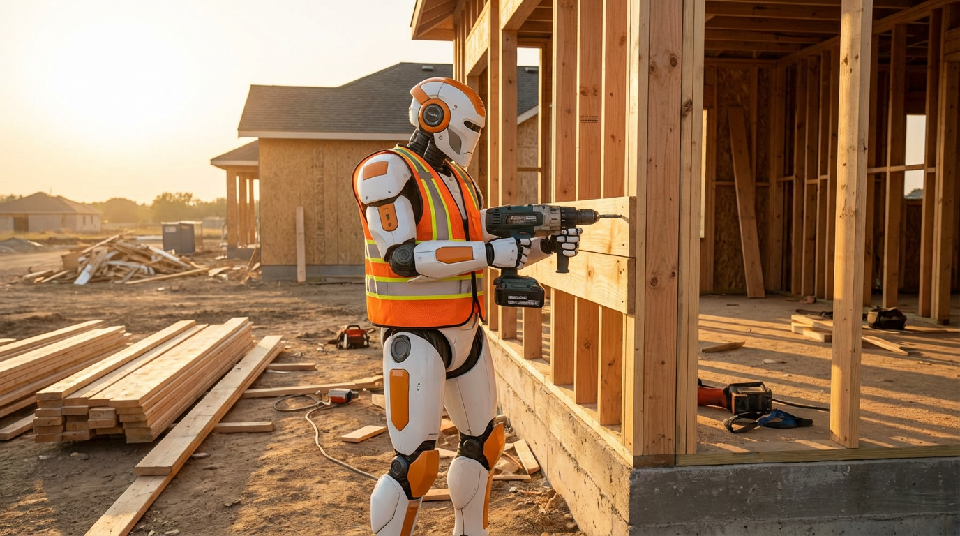 Humanoid robot working on a residential construction site