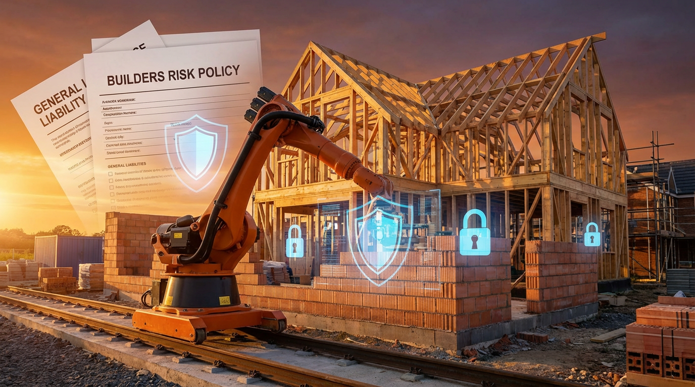 Robot-built home construction site with insurance and liability concepts