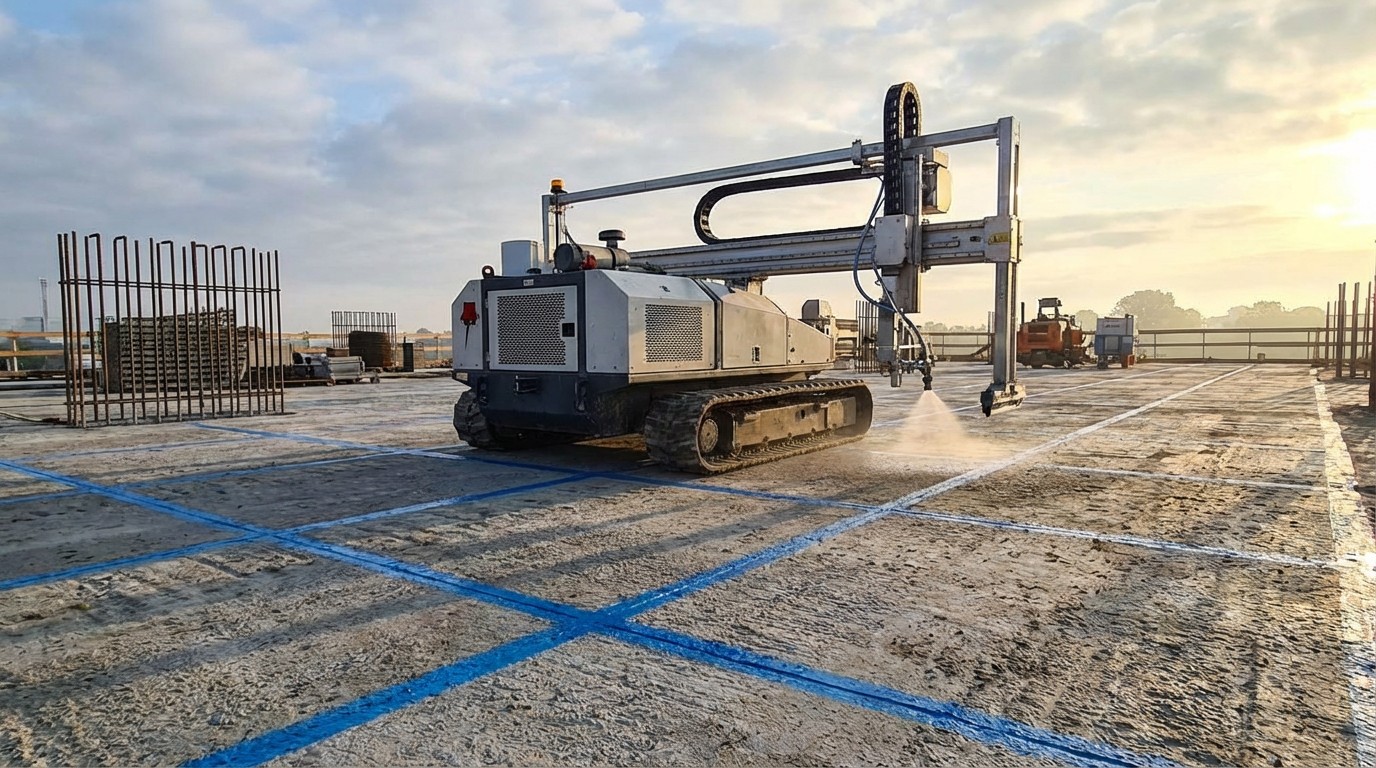 Robotic layout machine on concrete slab
