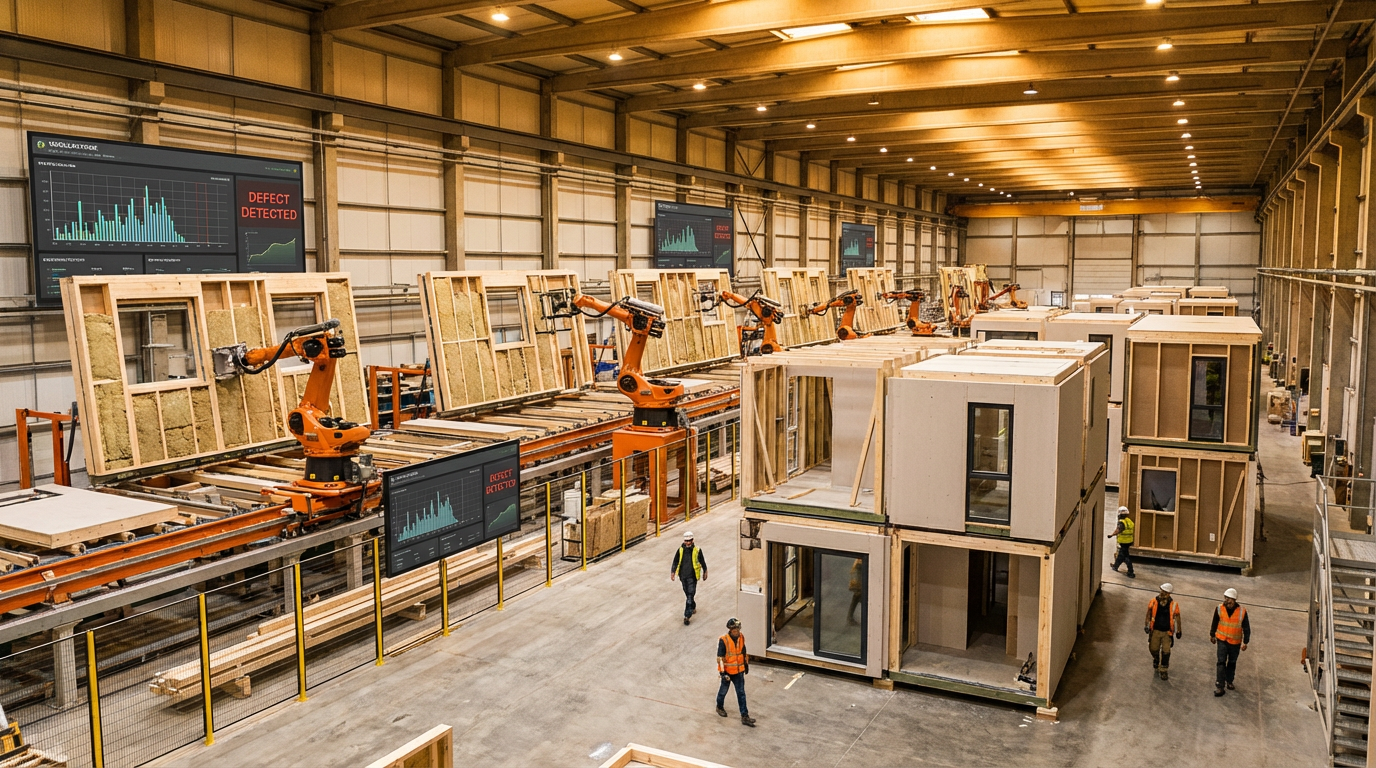Modern modular home factory with robotic arms assembling prefabricated wall panels