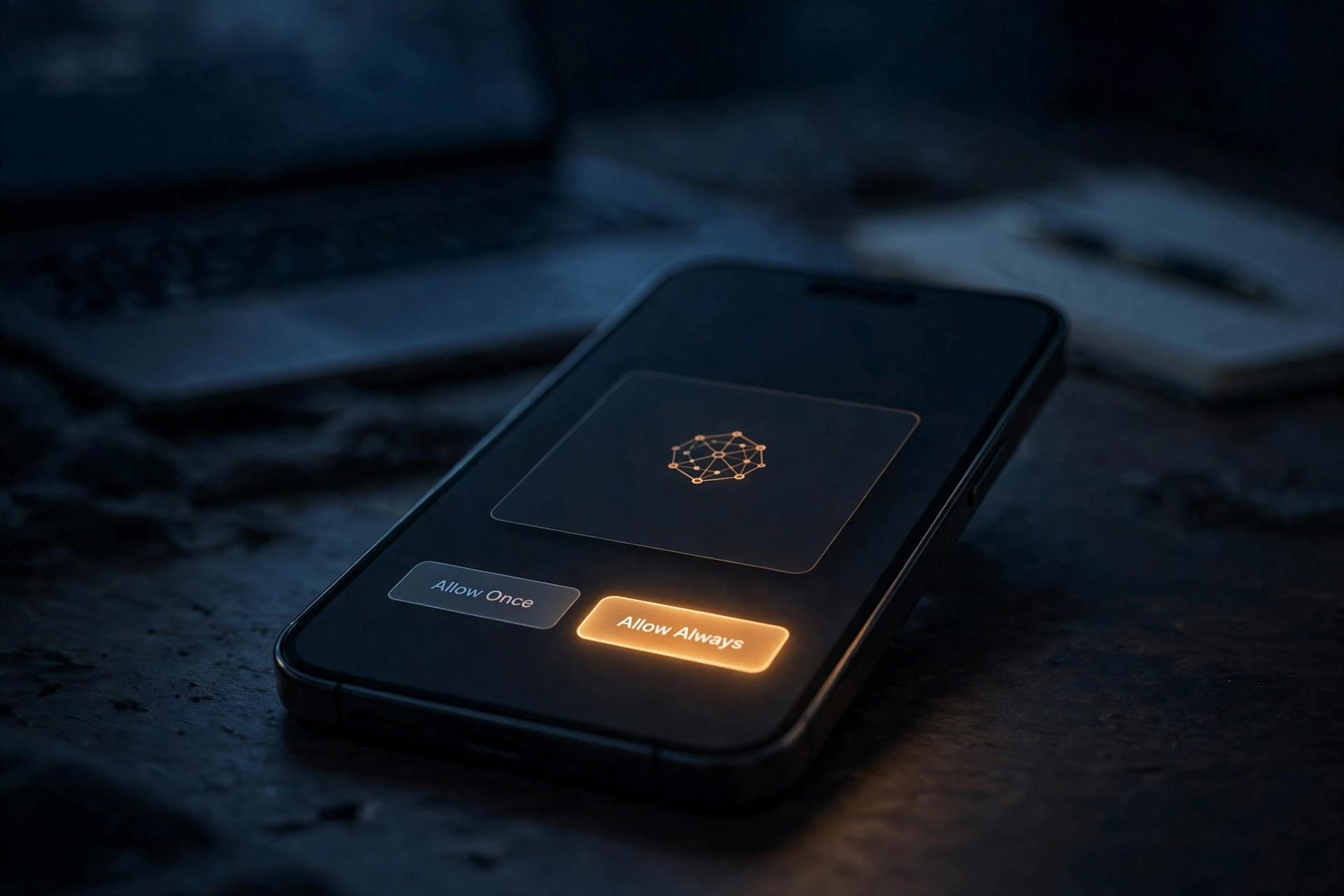 A smartphone screen at night showing a stark permission dialog with two buttons, Allow Once and Allow Always, the Always button glowing amber, over a dark desk with a blurred laptop and notebook