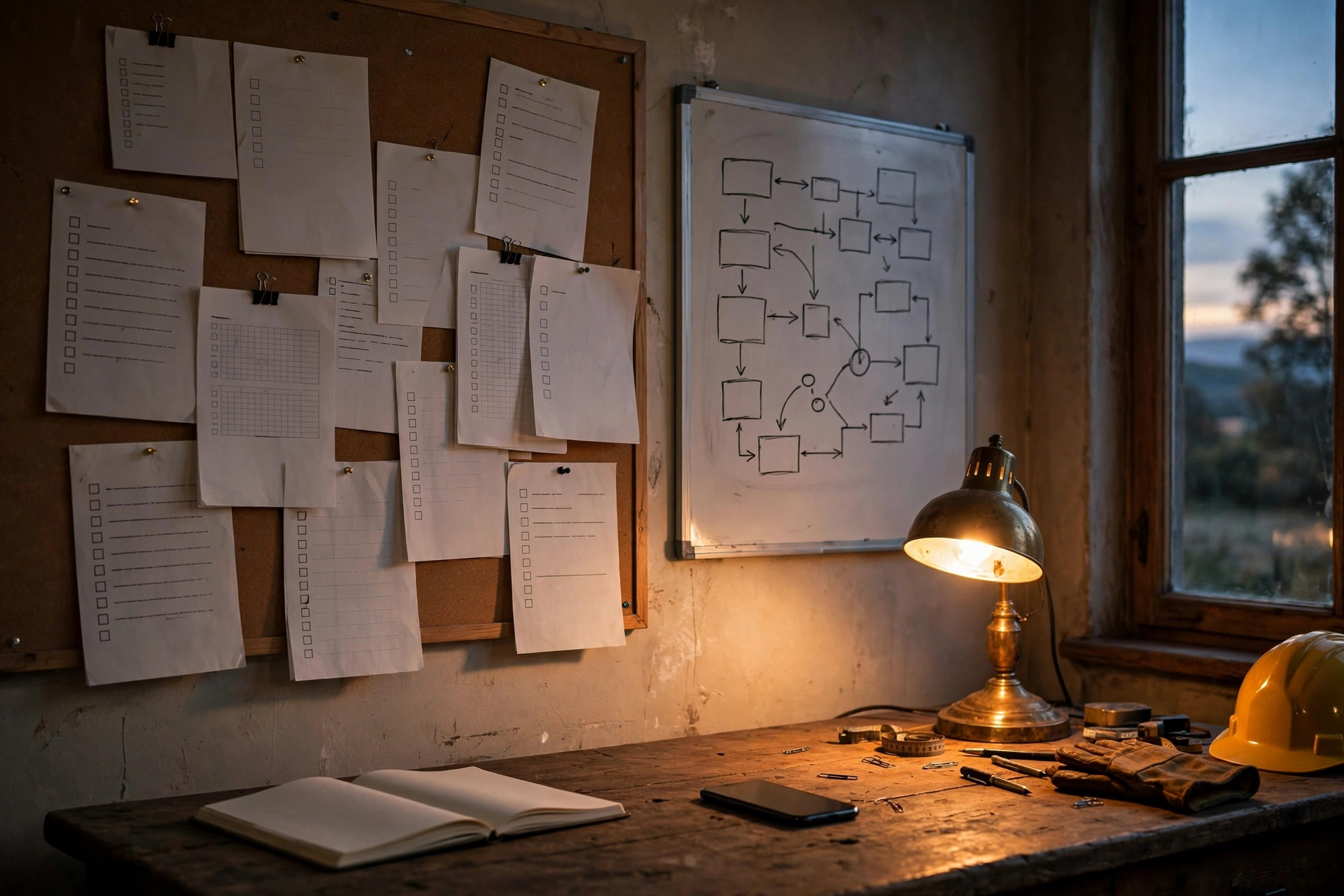 A foreman's corkboard wall papered with posted rule sheets and checklists beside a whiteboard flowchart, warm lamplight over a workbench with an open logbook, a hard hat, and work gloves