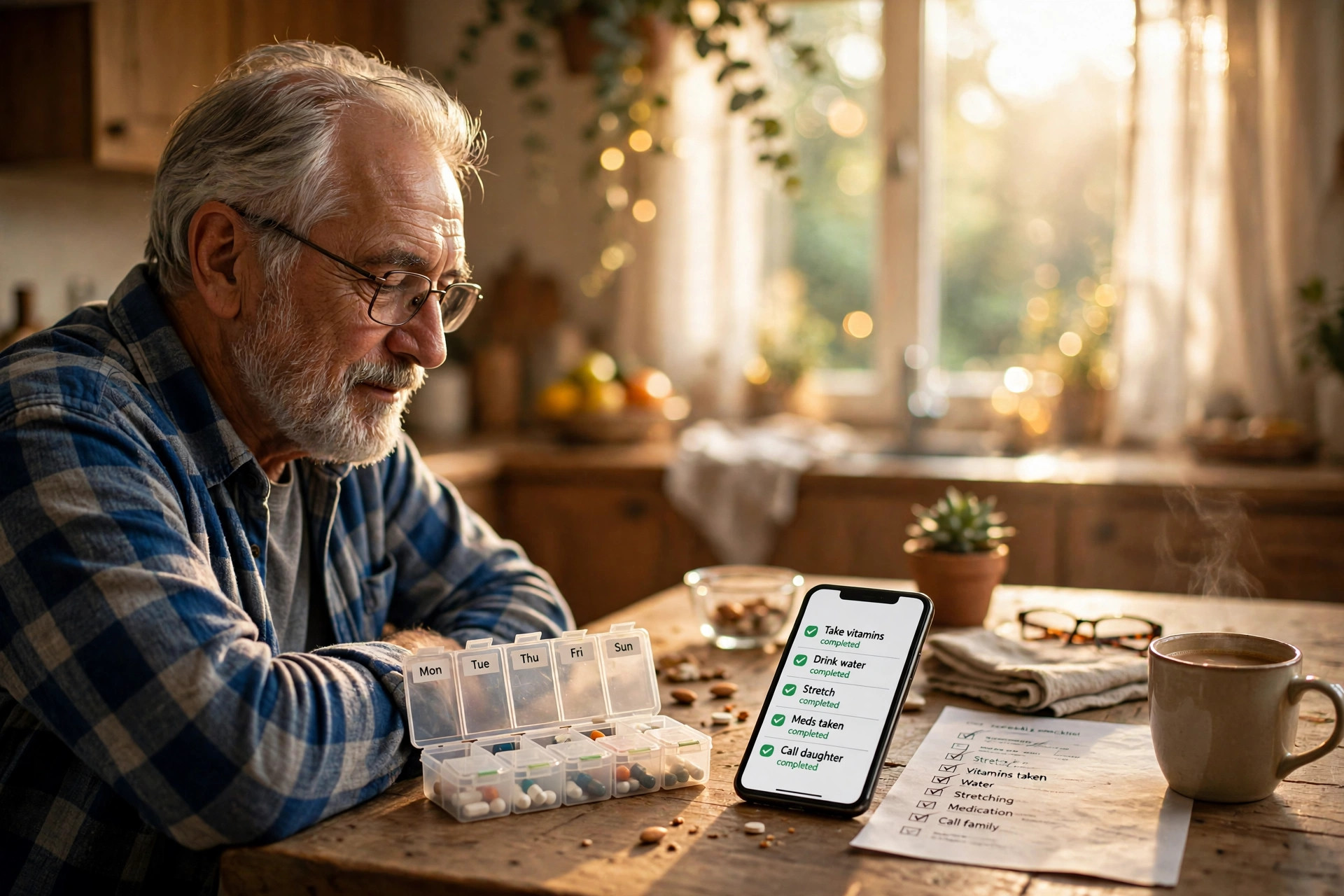 An older man at a sunny kitchen table with a weekly pill organizer and a phone showing a completed task list, a printed checklist beside a coffee mug