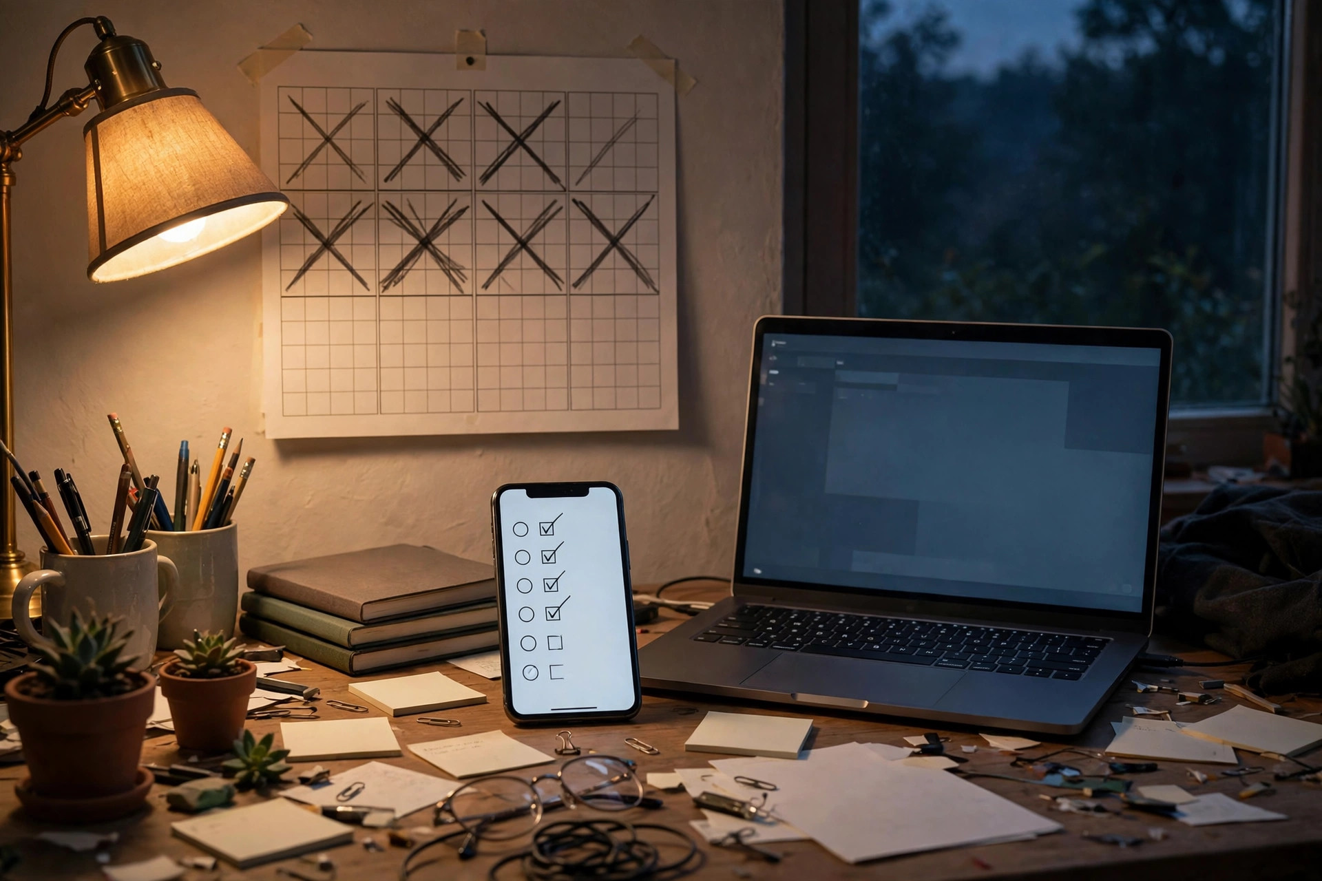 A home office desk at dusk with a phone showing a reminder list, a paper wall calendar with past months crossed out, and a laptop glowing quietly