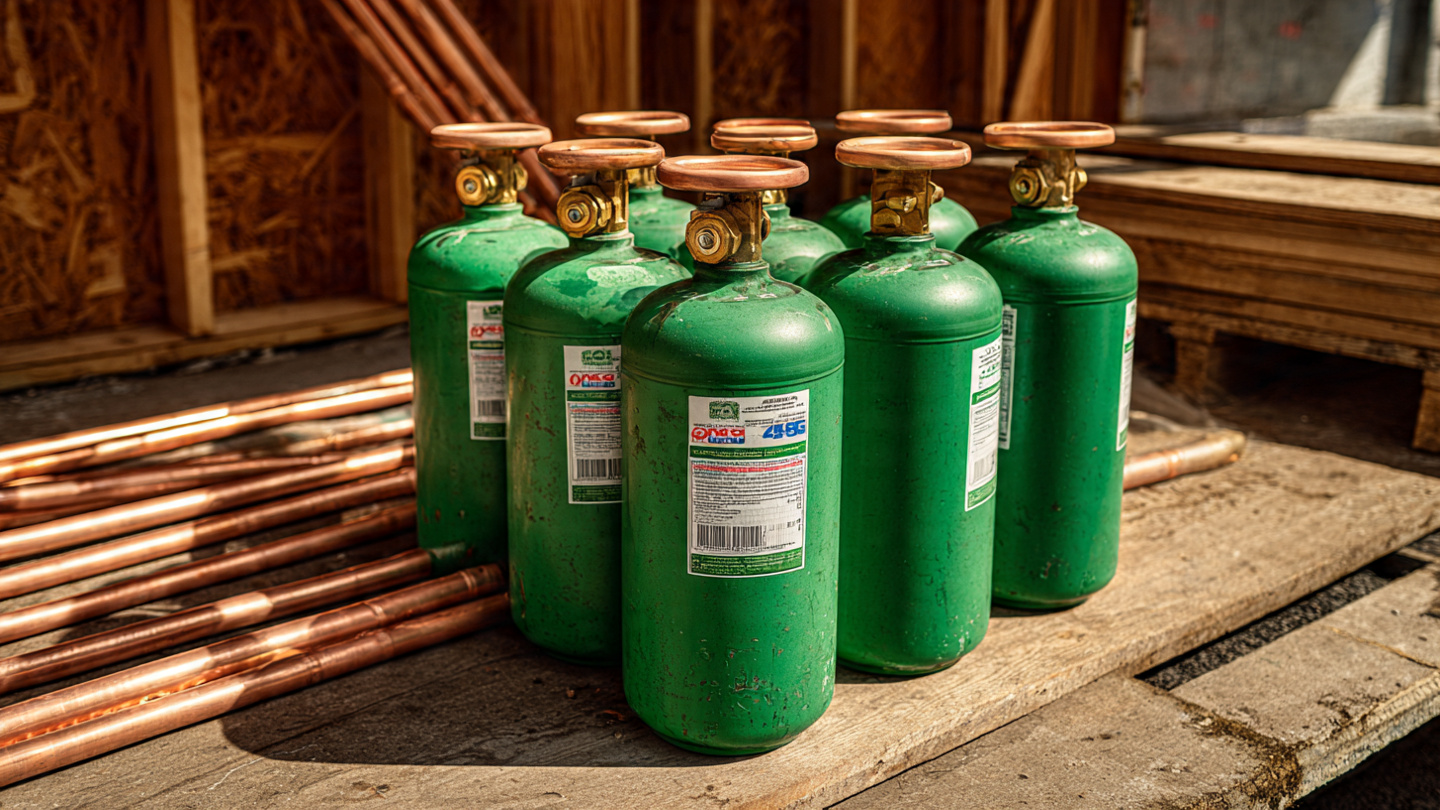 Industrial HVAC refrigerant cylinders and copper tubing on a residential construction site with new home framing in the background