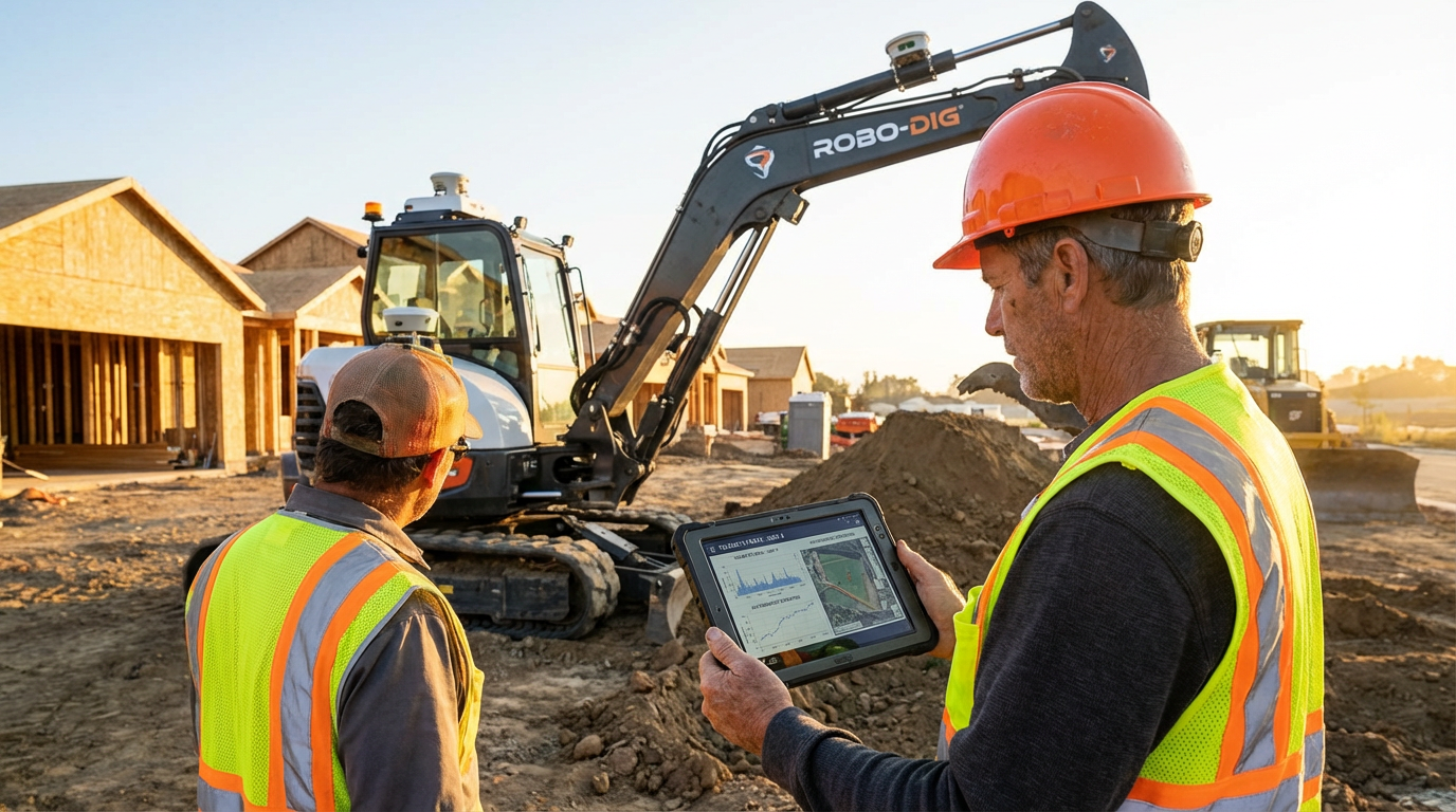 Construction worker supervising autonomous excavator with tablet