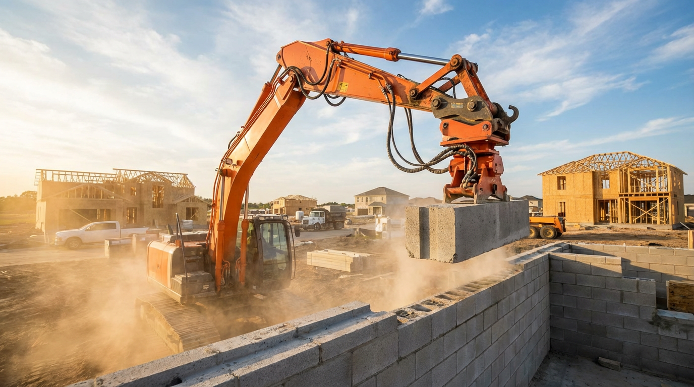 Robotic arm laying concrete blocks on a residential construction site