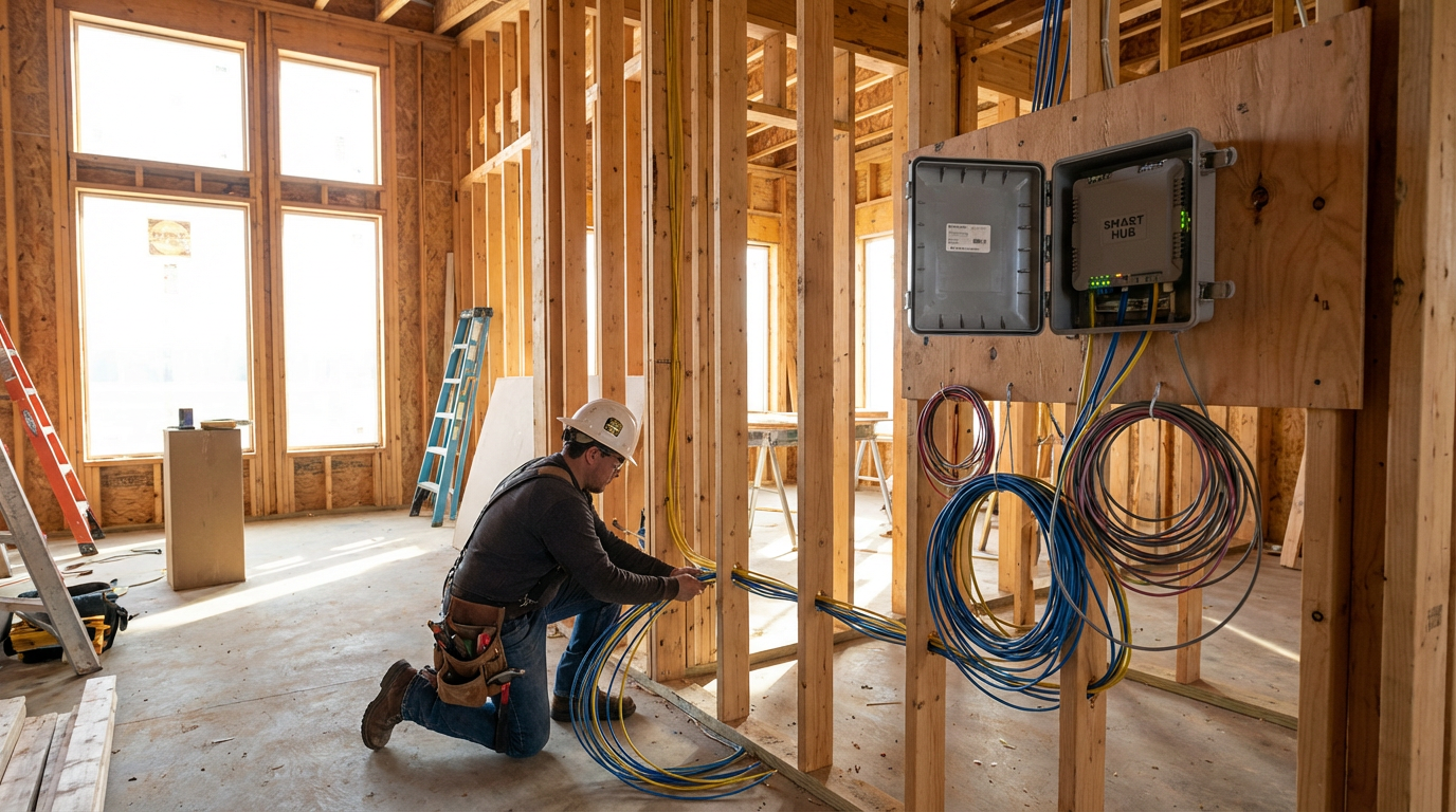 Smart home wiring being installed during new construction framing stage