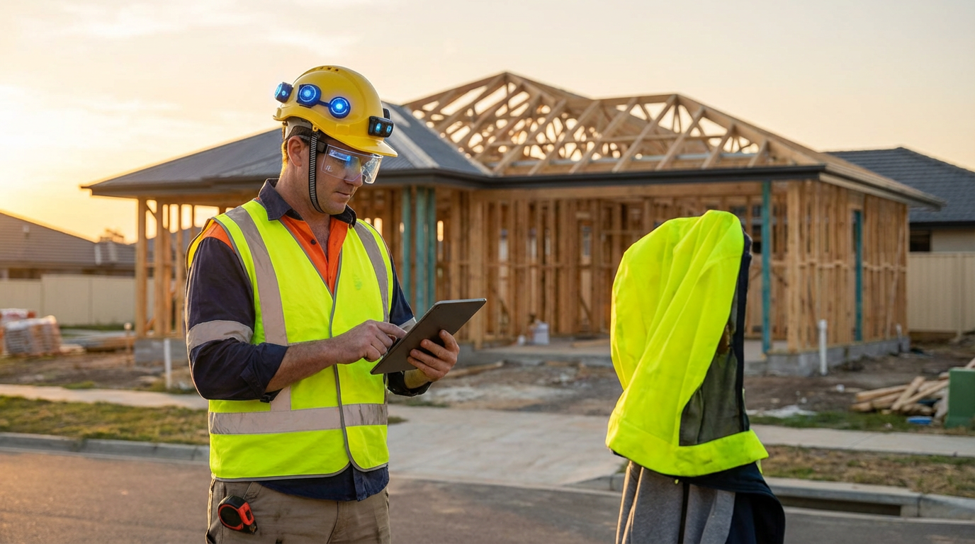 Construction worker wearing smart safety helmet with embedded sensors on residential job site