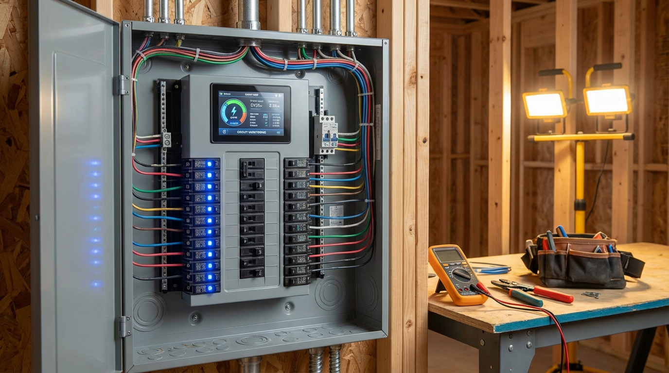 Modern smart electrical panel with digital circuit monitoring in a new construction home