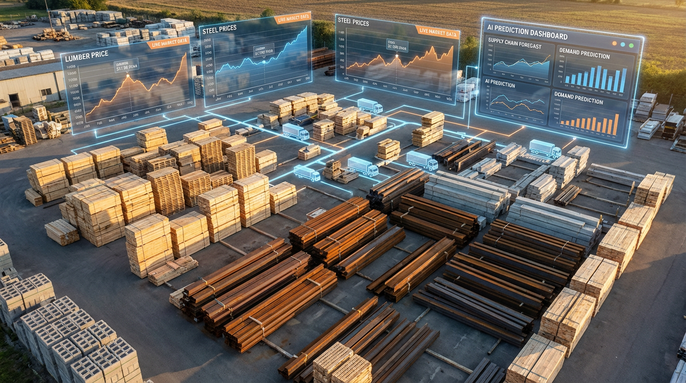 Construction material supply yard with stacked lumber pallets and steel beams
