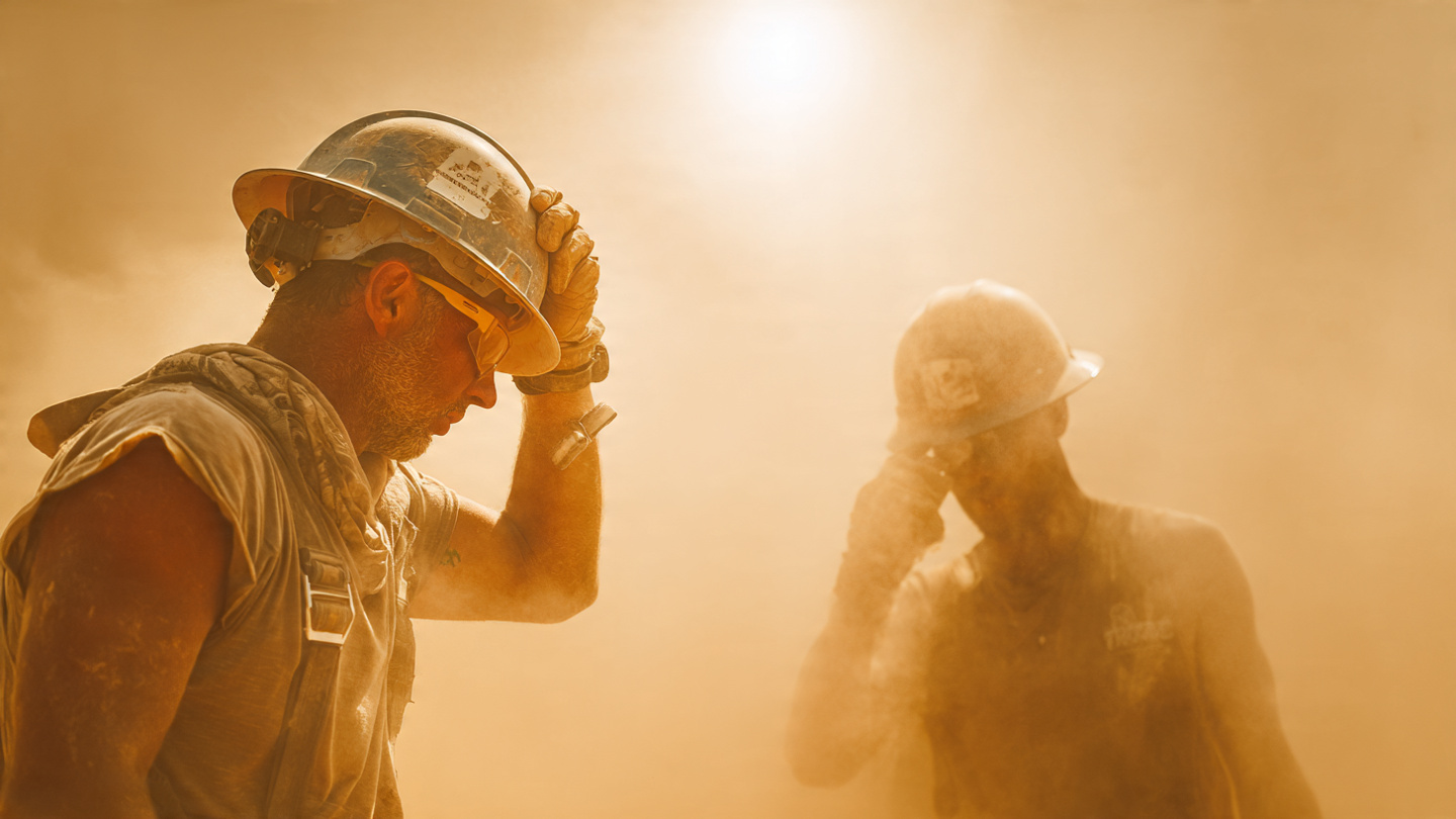 Construction worker on a hot job site wearing a wearable heat sensor armband