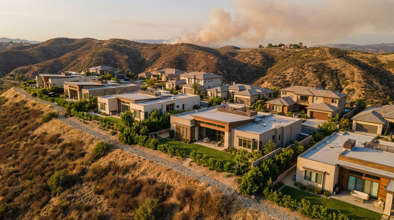 California hillside neighborhood with fire-resistant landscaping and defensible space zones